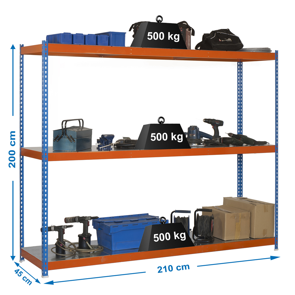 Étagère charge moyenne 500 à 600kg - 2000x2100x450 - 3 niveaux Bleu/Orange - SIMON RACK - 8425437081804