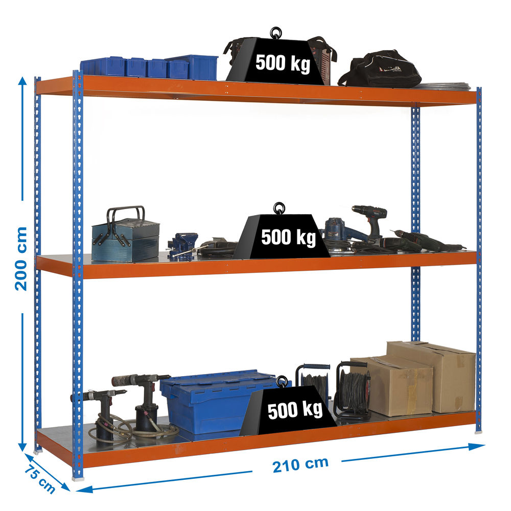 Étagère charge moyenne 500 à 600kg - 2000x2100x750 - 3 niveaux Bleu/Orange - SIMON RACK - 8425437081842
