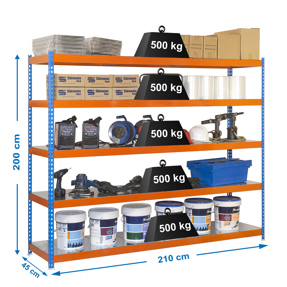 Étagère charge moyenne 500 à 600kg - 2000x2100x450 - 5 niveaux Bleu/Orange - SIMON RACK - 8425437081965