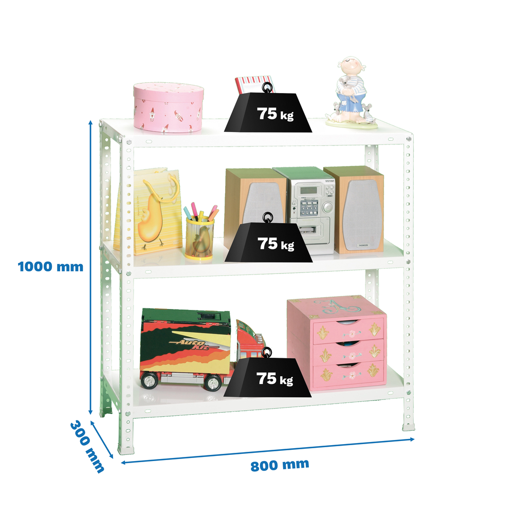 Rayonnage métallique léger à vis 1000x800x300 - 3 niveaux Blanc - SIMON RACK - 8425437083785