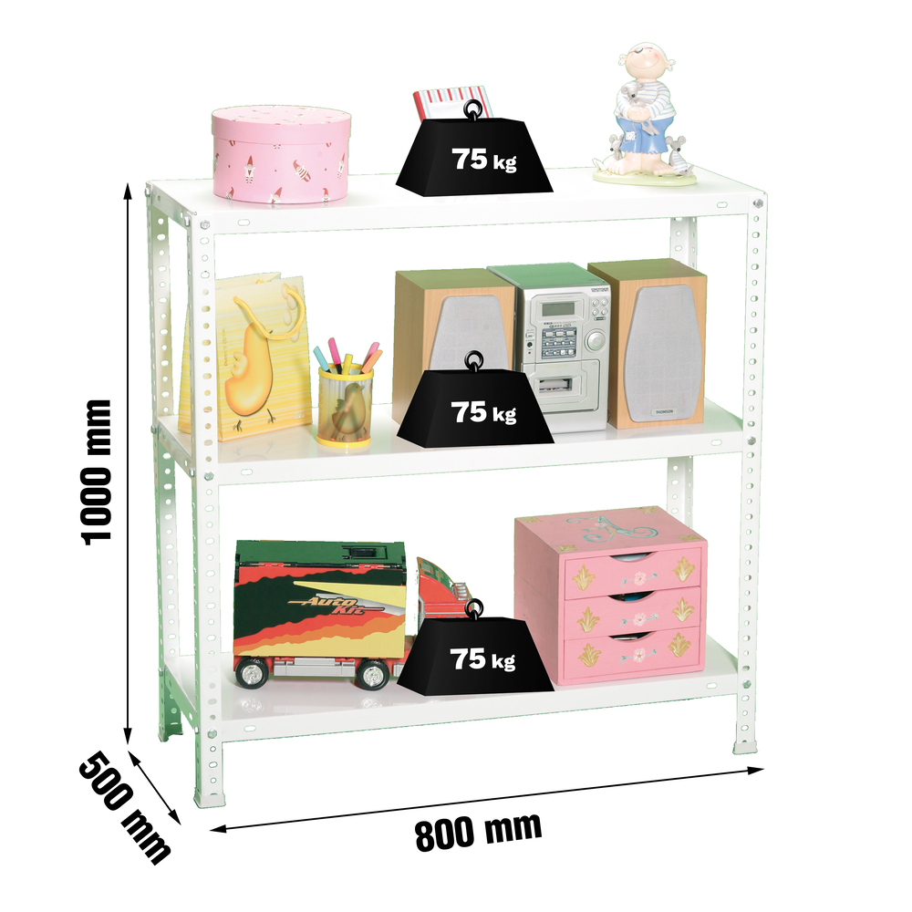 Rayonnage métallique léger à vis 1000x800x500 - 3 niveaux Blanc - SIMON RACK - 8425437083846