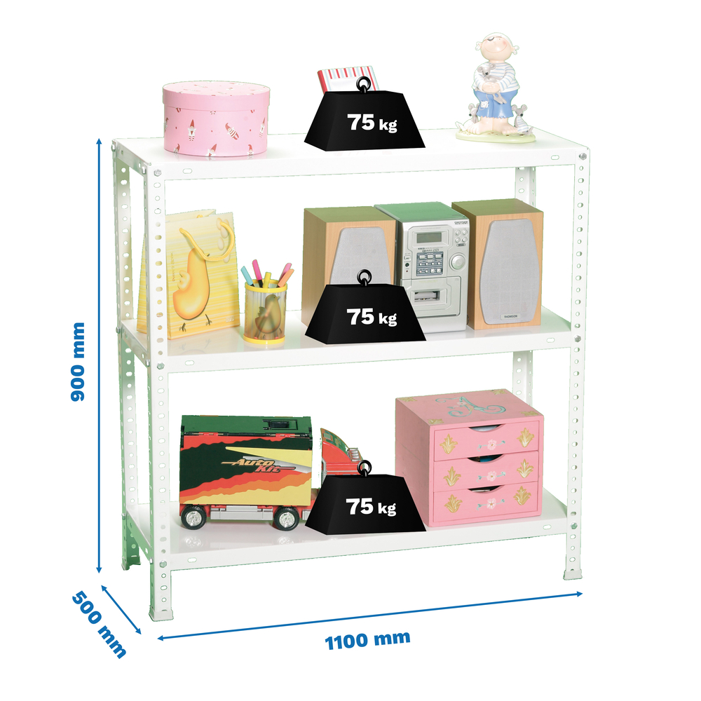 Rayonnage métallique léger à vis 900x1100x500 - 3 niveaux Blanc - SIMON RACK - 8425437084232