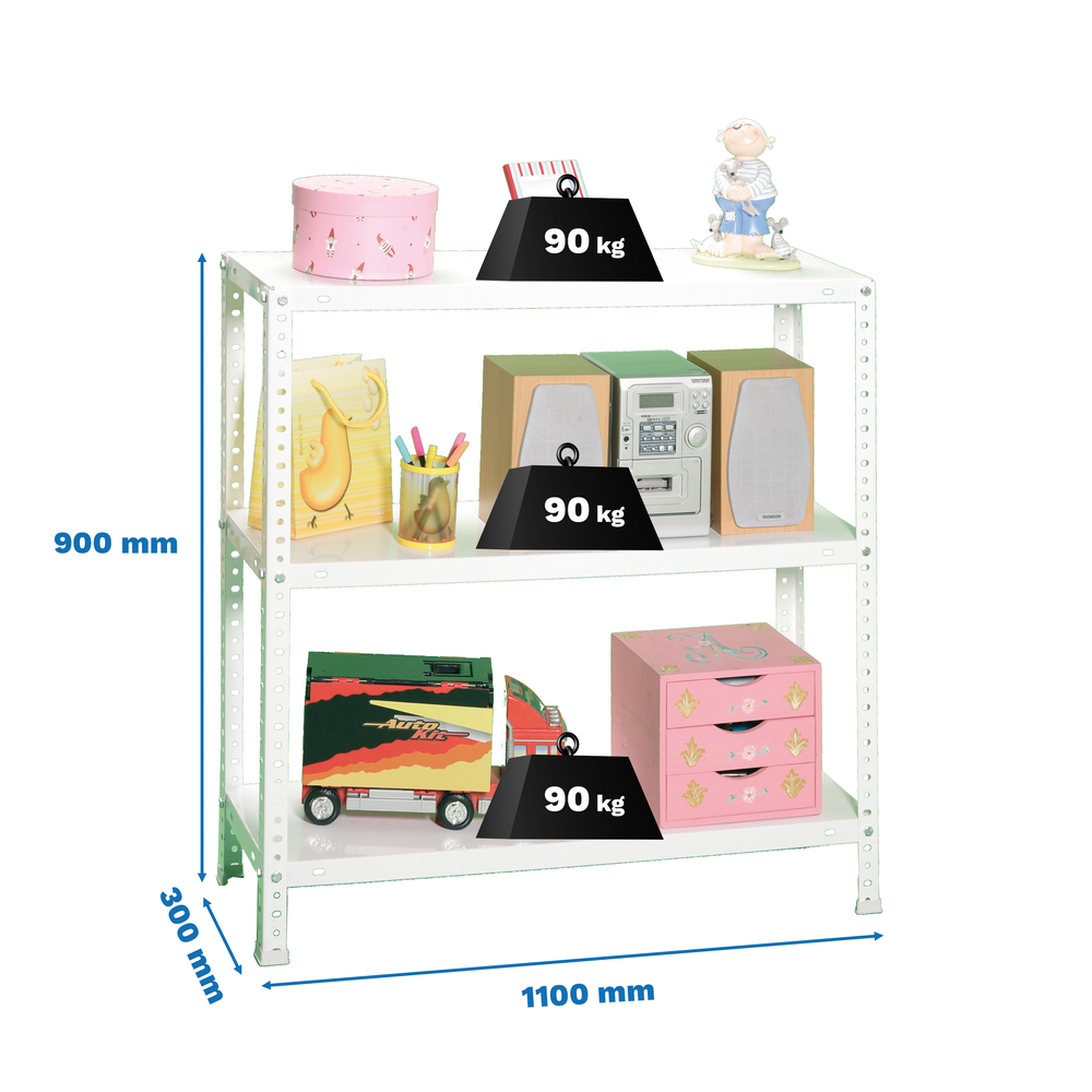 Rayonnage métallique léger à vis 900x1100x300 - 3 niveaux Blanc - SIMON RACK - 8425437084836