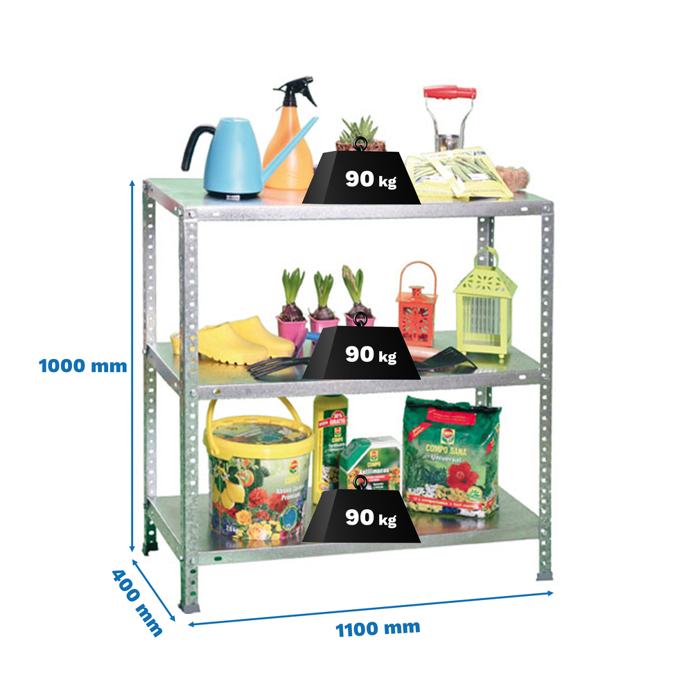 Rayonnage métallique léger à vis 1000x1100x400 - 3 niveaux Galvanisé - SIMON RACK - 8425437084874