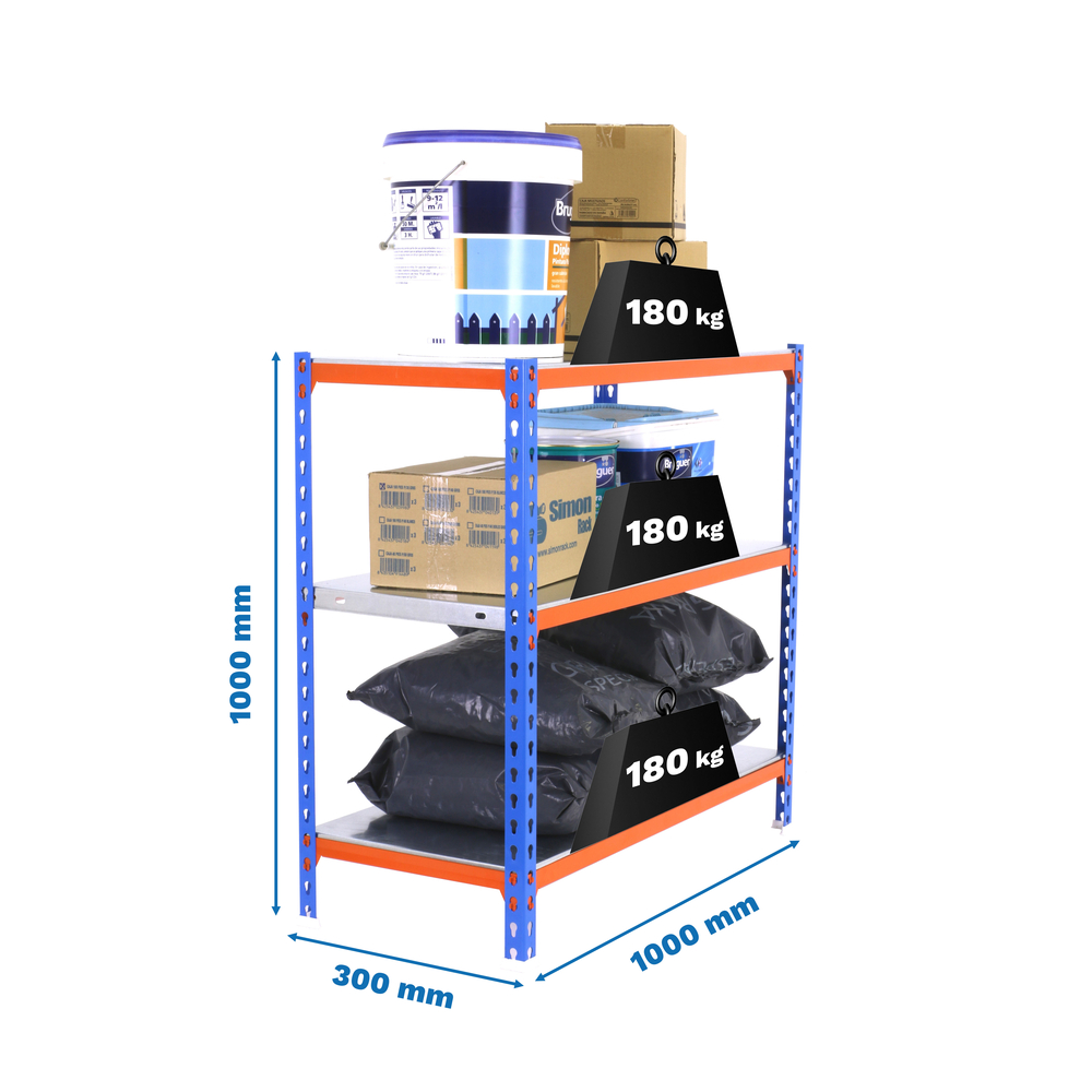 Rayonnage métallique léger sans vis 1000x1000x300 - 3 niveaux Bleu/Orange - SIMON RACK - 8425437085307