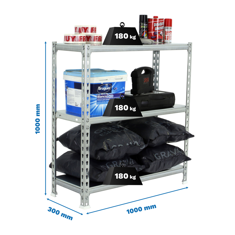 Rayonnage métallique léger sans vis 1000x1000x300 - 3 niveaux Galvanisé - SIMON RACK - 8425437085321