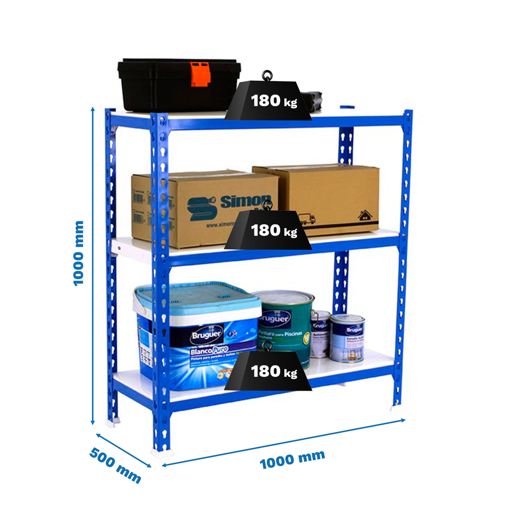 Rayonnage métallique léger sans vis 1000x1000x500 - 3 niveaux Bleu/Blanc - SIMON RACK - 8425437085383