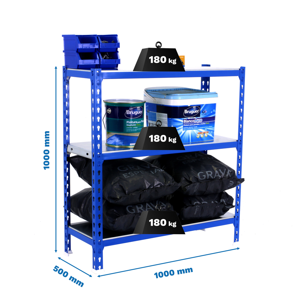 Rayonnage métallique léger sans vis 1000x1000x500 - 3 niveaux Bleu - SIMON RACK - 8425437085390
