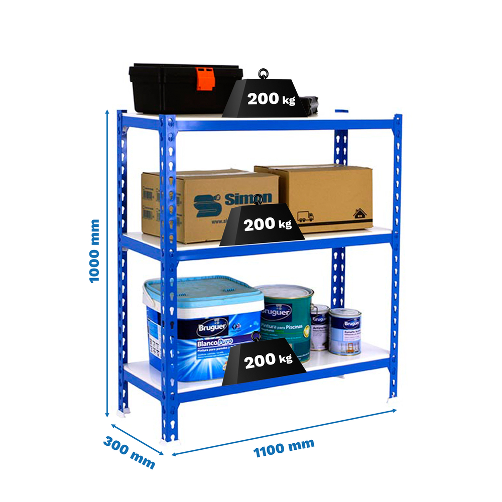 Rayonnage métallique léger sans vis 1000x1100x300 - 3 niveaux Bleu/Blanc - SIMON RACK - 8425437085437