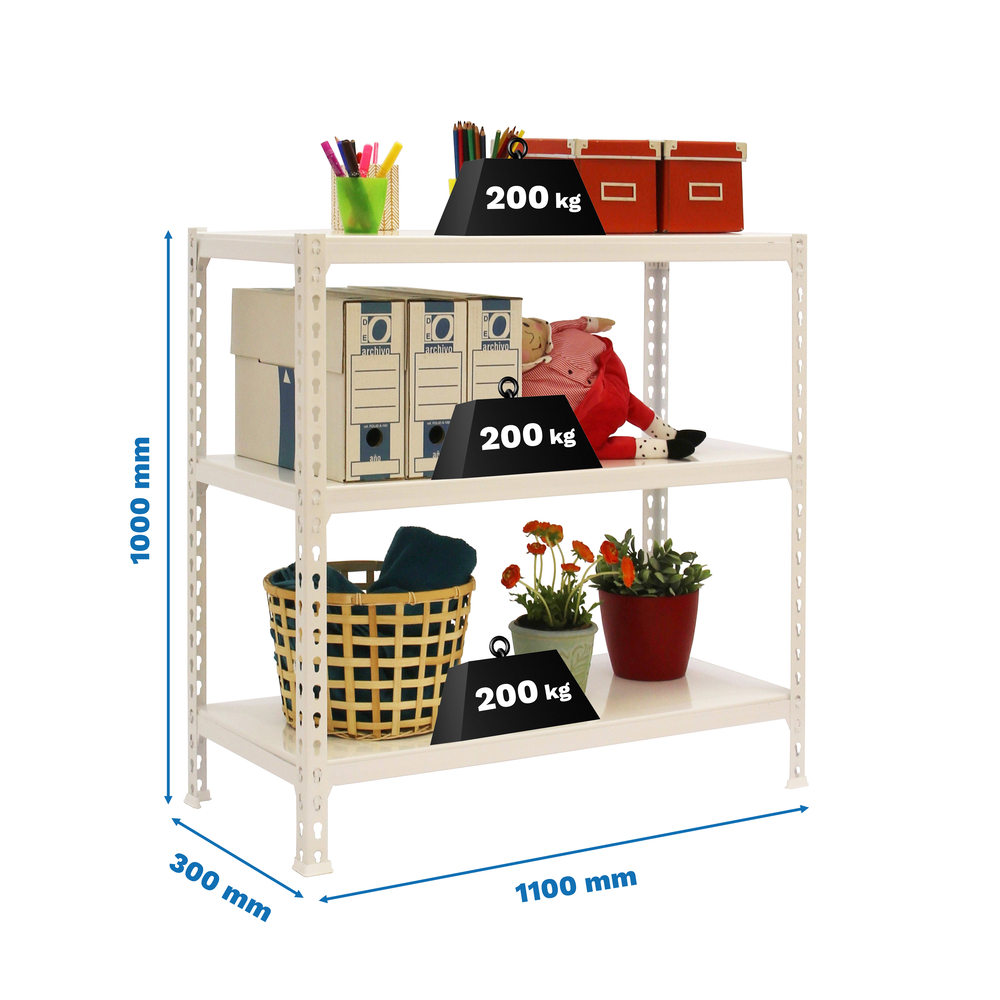 Rayonnage métallique léger sans vis 1000x1100x300 - 3 niveaux Blanc - SIMON RACK - 8425437085468