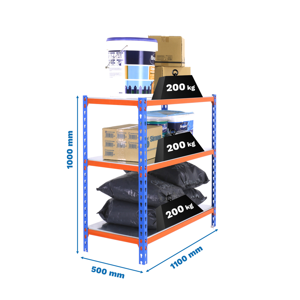 Rayonnage métallique léger sans vis 1000x1100x500 - 3 niveaux Bleu/Orange - SIMON RACK - 8425437085550