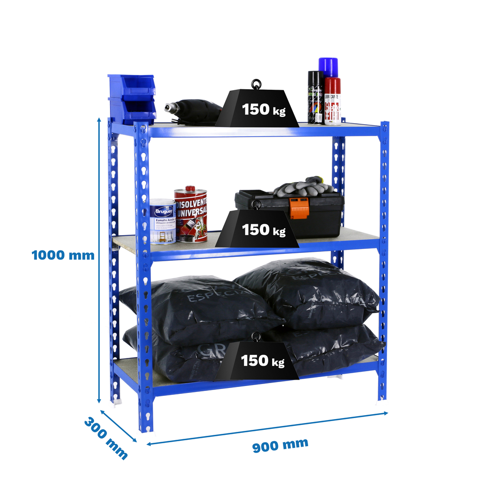 Rayonnage bois-métal léger sans vis 1000x900x300 - 3 niveaux Bleu/Bois - SIMON RACK - 8425437085581