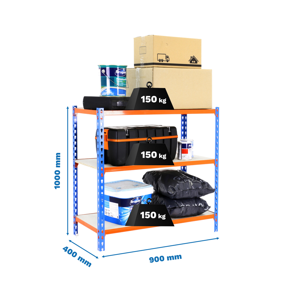 Rayonnage bois-métal léger sans vis 1000x900x400 - 3 niveaux Bleu/Orange/Bois - SIMON RACK - 8425437085642
