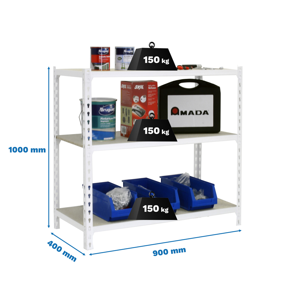 Rayonnage bois-métal léger sans vis 1000x900x400 - 3 niveaux Blanc/Bois - SIMON RACK - 8425437085659