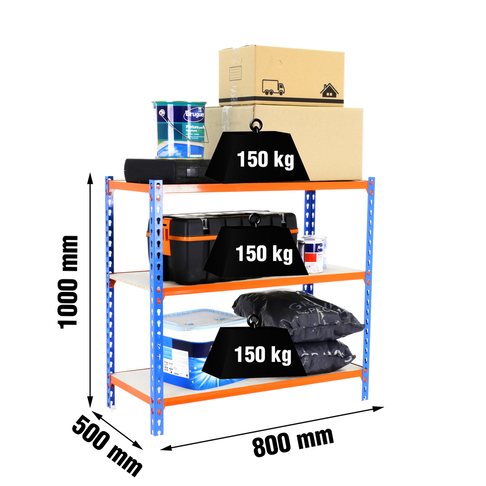 Rayonnage bois-métal léger sans vis 1000x800x500 - 3 niveaux Bleu/Orange/Bois - SIMON RACK - 8425437085840