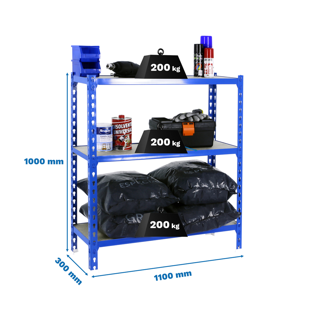 Rayonnage bois-métal léger sans vis 1000x1100x300 - 3 niveaux Bleu/Bois - SIMON RACK - 8425437086038