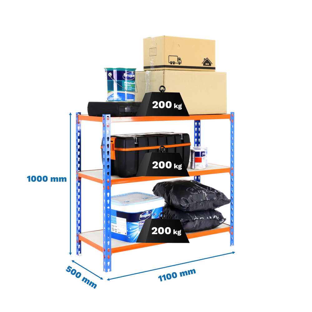 Rayonnage bois-métal léger sans vis 1000x1100x500 - 3 niveaux Bleu/Orange/Bois - SIMON RACK - 8425437086243
