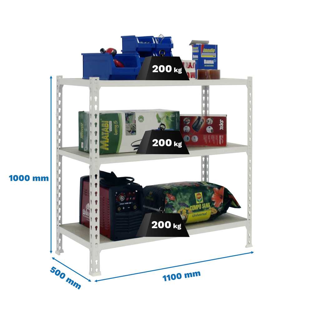 Rayonnage bois-métal léger sans vis 1000x1100x500 - 3 niveaux Blanc/Bois - SIMON RACK - 8425437086250