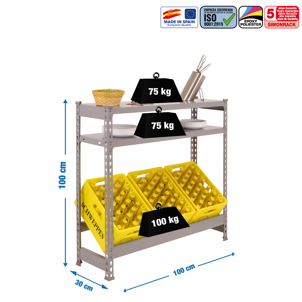 Rayonnage léger tri de bouteille sans vis 1000x1000x300 - 3 niveaux Gris - SIMON RACK - 8425437087769