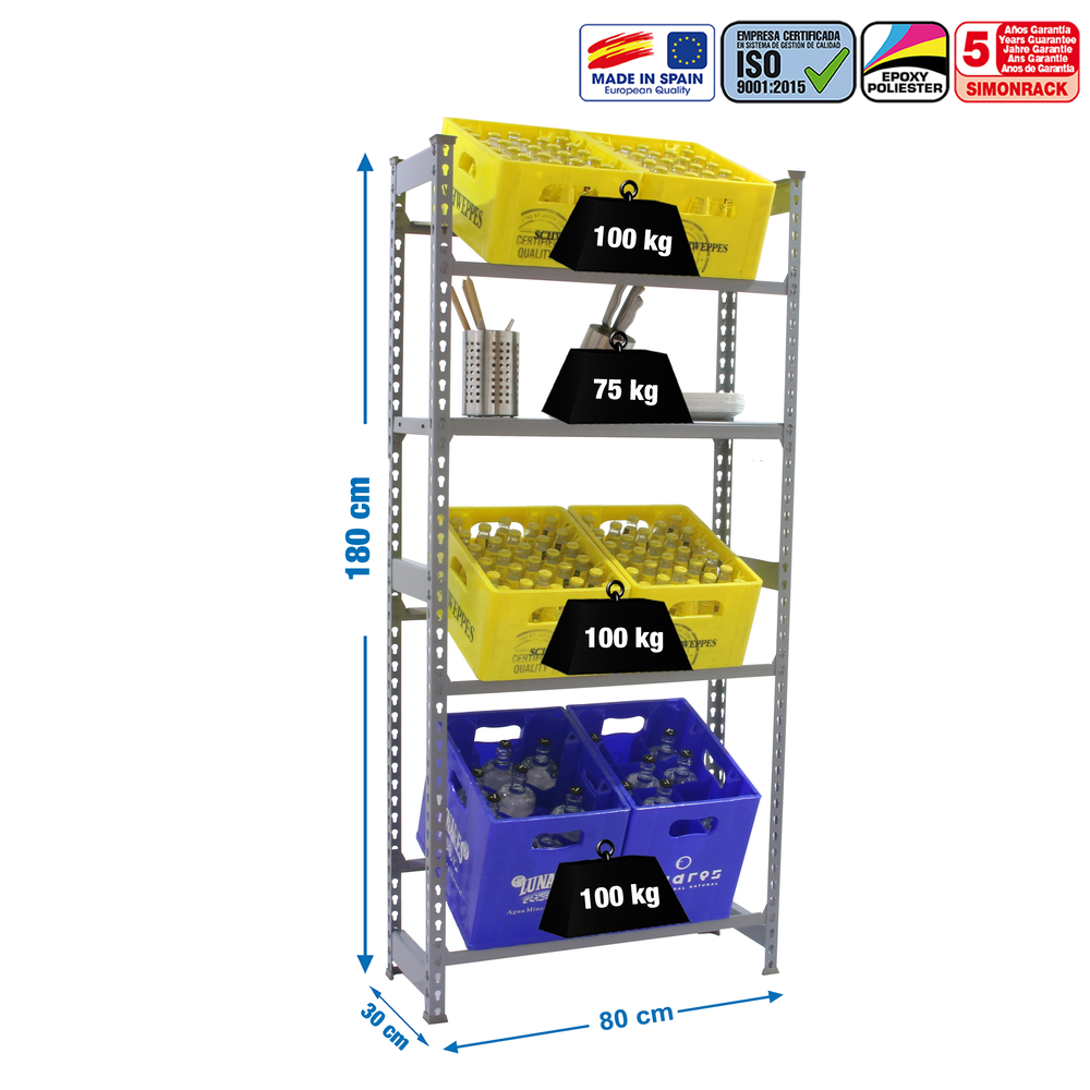 Rayonnage léger tri de bouteille sans vis 1000x800x300 - 4 niveaux Gris - SIMON RACK - 8425437087790