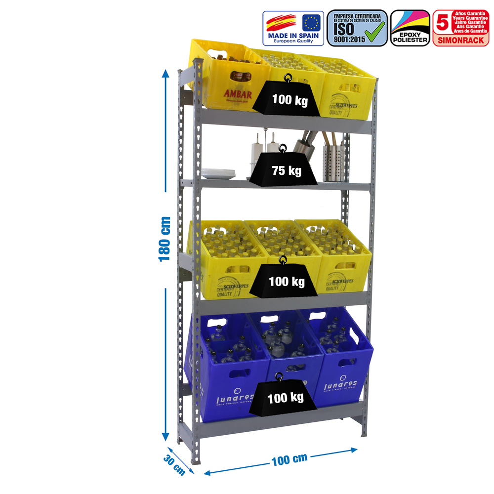 Rayonnage léger tri de bouteille sans vis 1000x1000x300 - 4 niveaux Gris - SIMON RACK - 8425437087806