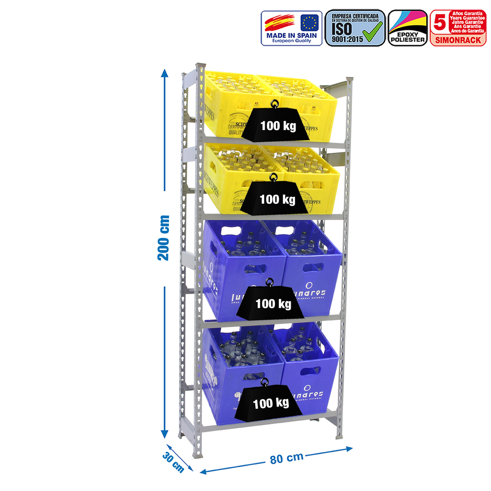 Rayonnage léger tri de bouteille sans vis 2000x800x300 - 4 niveaux Gris - SIMON RACK - 8425437087844
