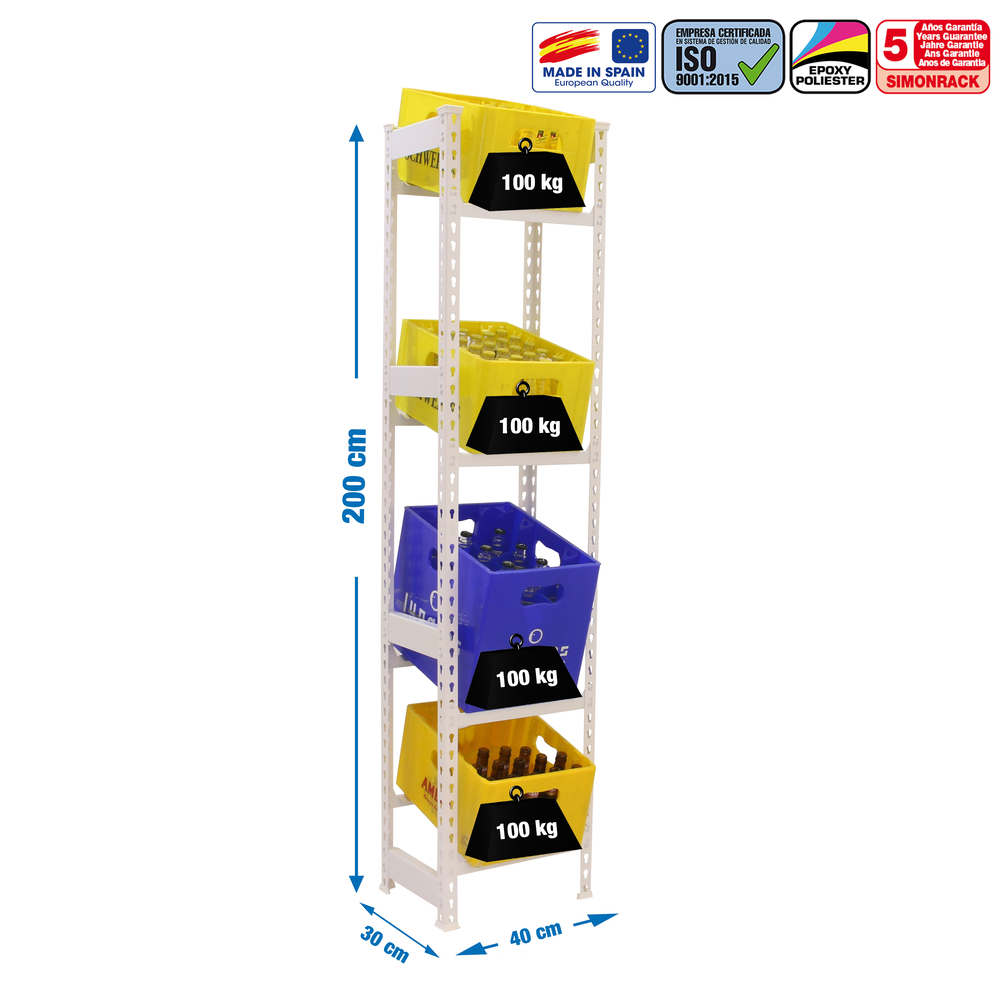 Rayonnage léger tri de bouteille sans vis 2000x400x300 - 4 niveaux Blanc - SIMON RACK - 8425437087868
