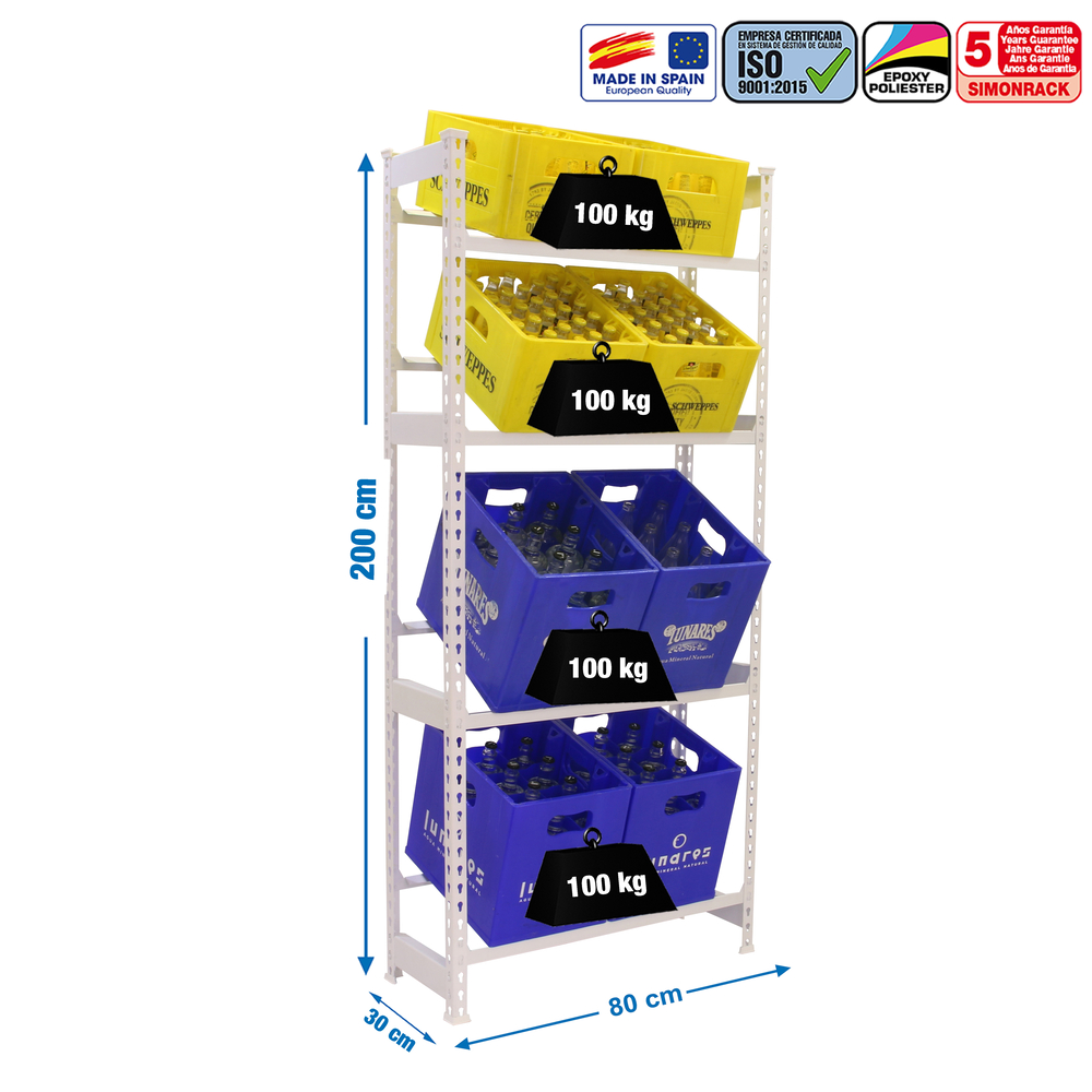 Rayonnage léger tri de bouteille sans vis 2000x800x300 - 4 niveaux Blanc - SIMON RACK - 8425437087875