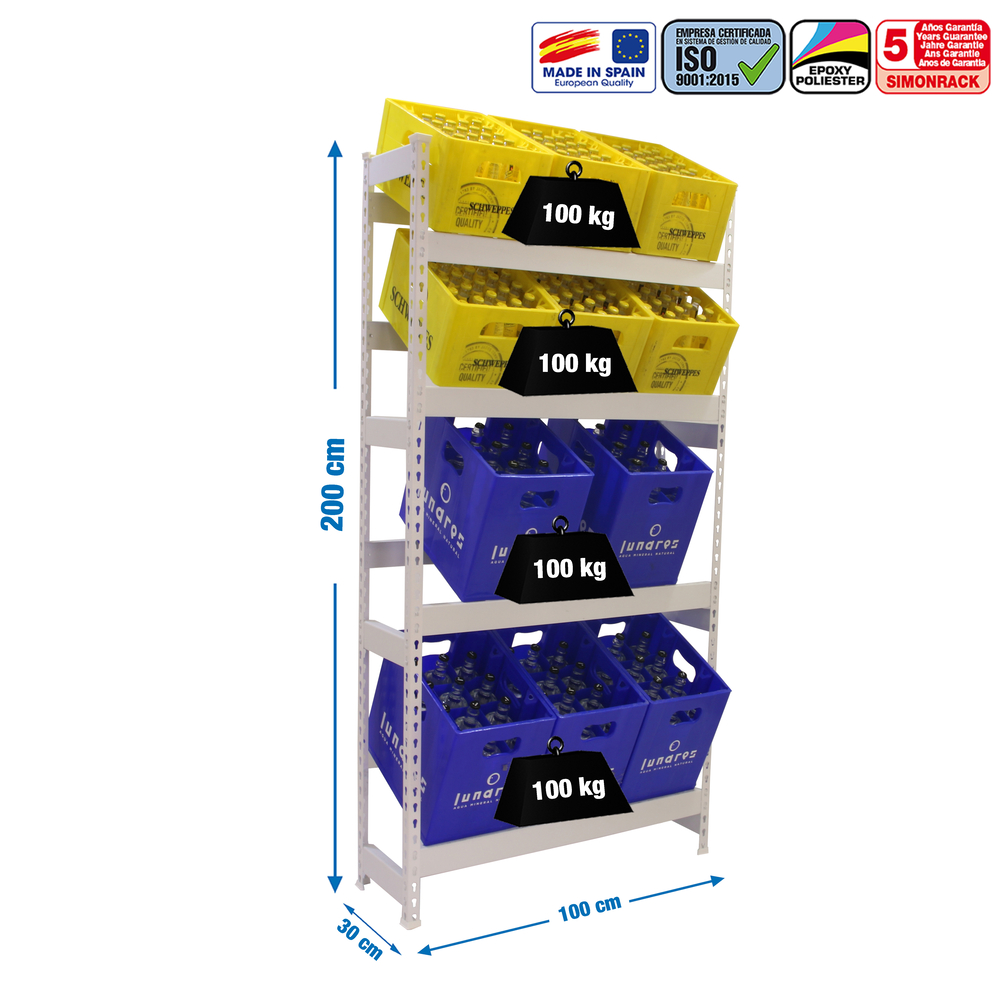 Rayonnage léger tri de bouteille sans vis 2000x1000x300 - 4 niveaux Blanc - SIMON RACK - 8425437087882