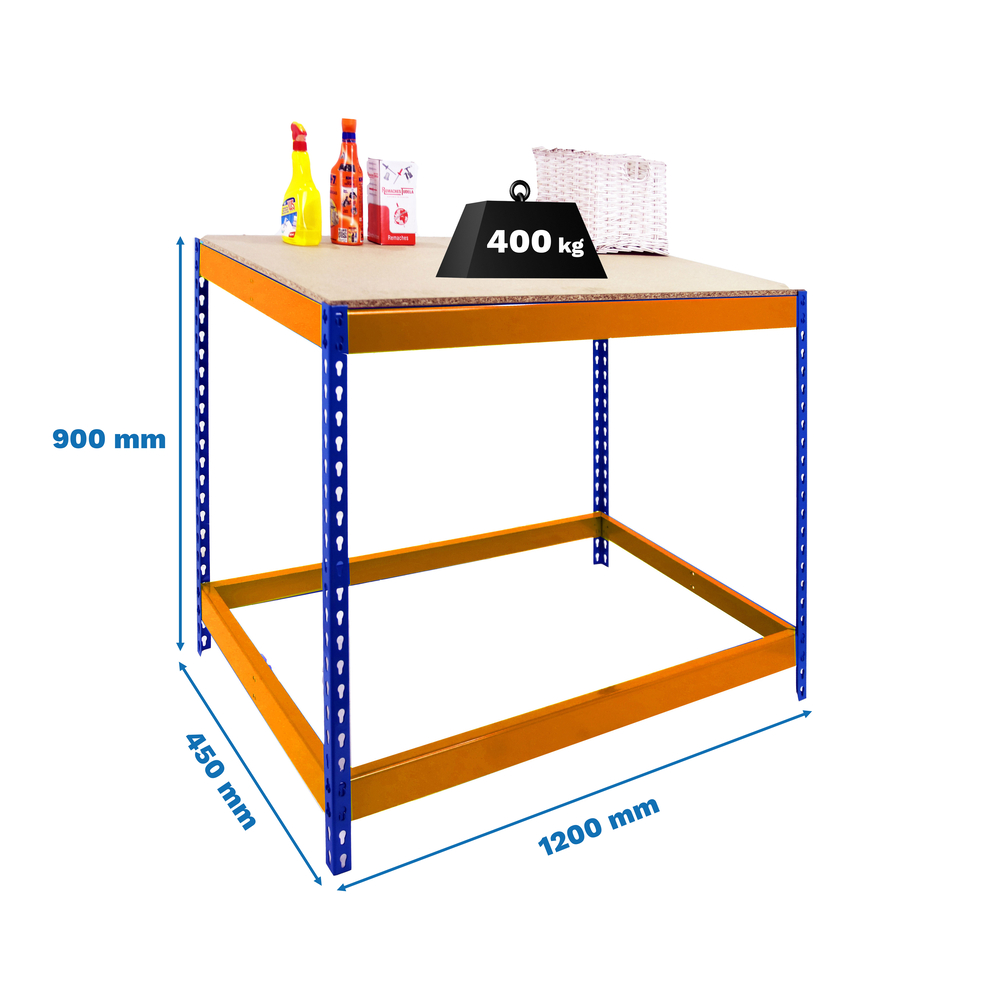 Kit établi Basic - 900x1200x450 - 1 niveau Bleu/Orange/Bois - SIMON RACK - 8425437089701
