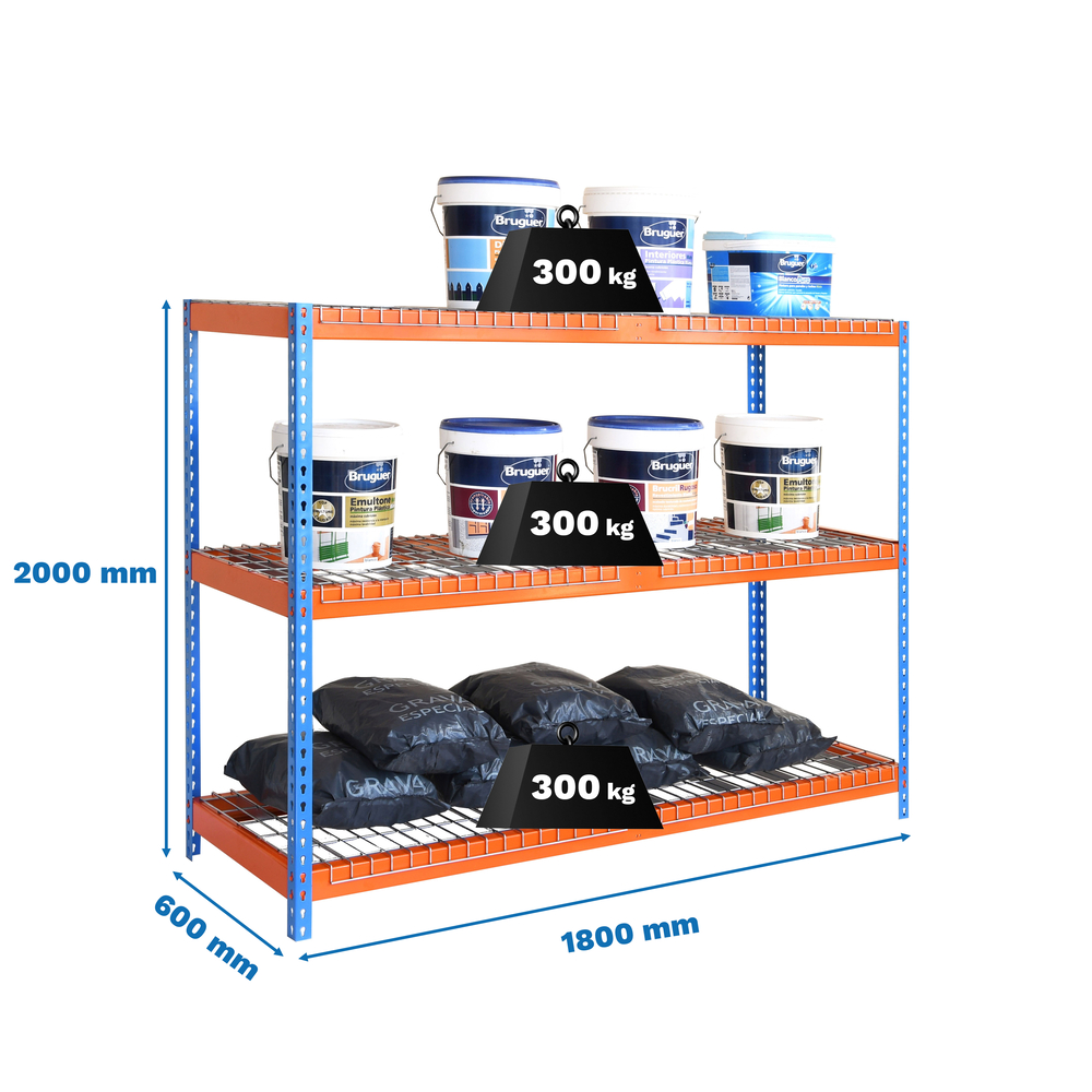 Étagère charge moyenne 400kg - 2000x1800x600 - 3 niveaux Bleu/Orange - SIMON RACK - 8425437089862