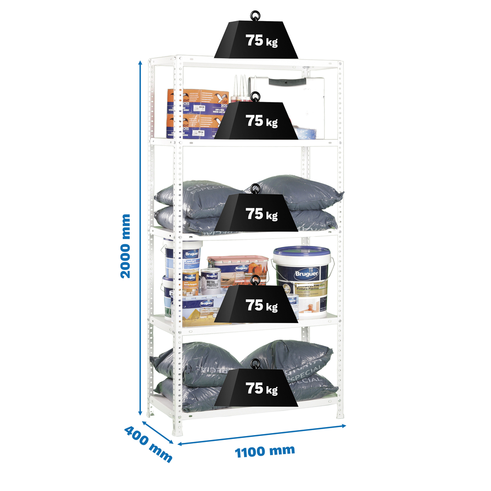 Rayonnage métallique léger à vis 2000x1100x400 - 5 niveaux Blanc - SIMON RACK - 8425437091179