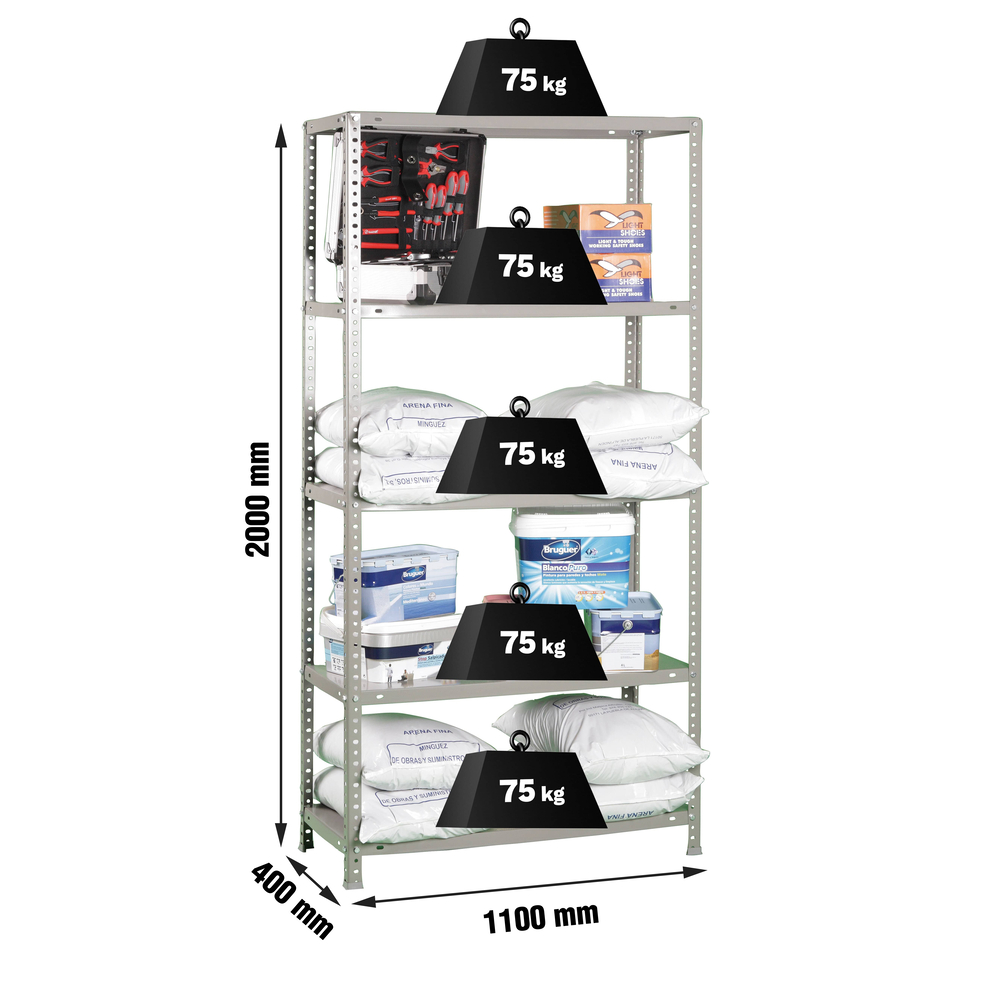 Rayonnage métallique léger à vis 2000x1100x400 - 5 niveaux Gris - SIMON RACK - 8425437091186