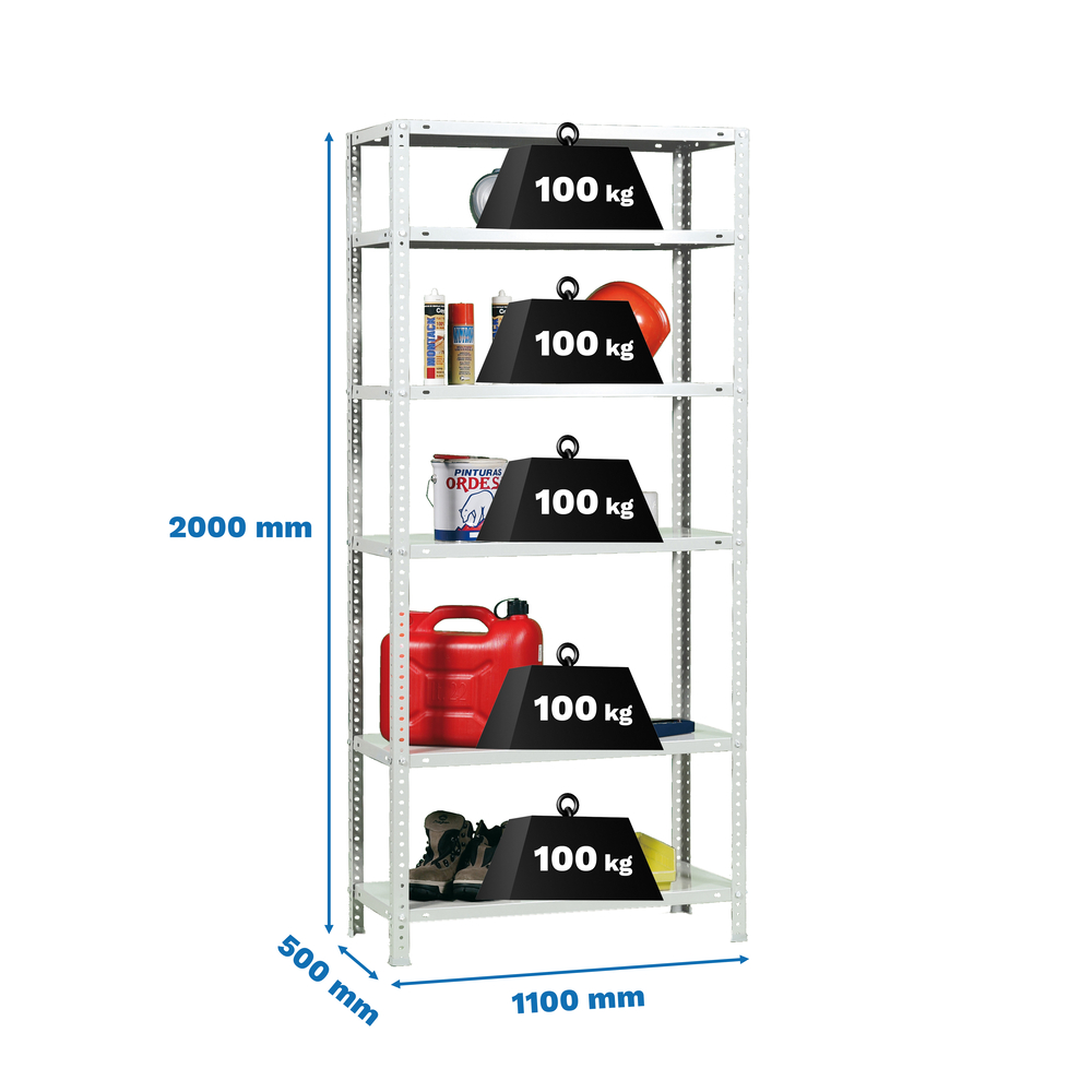 Rayonnage métallique léger à vis 2000x1100x500 - 6 niveaux Blanc - SIMON RACK - 8425437091414