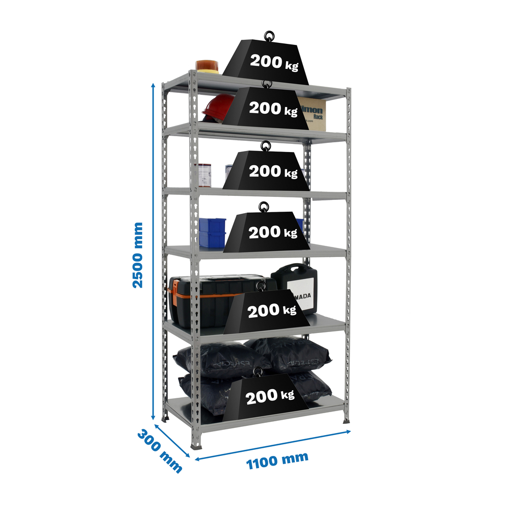 Rayonnage métallique léger sans vis 2500x1100x300 - 6 niveaux Gris - SIMON RACK - 8425437091506