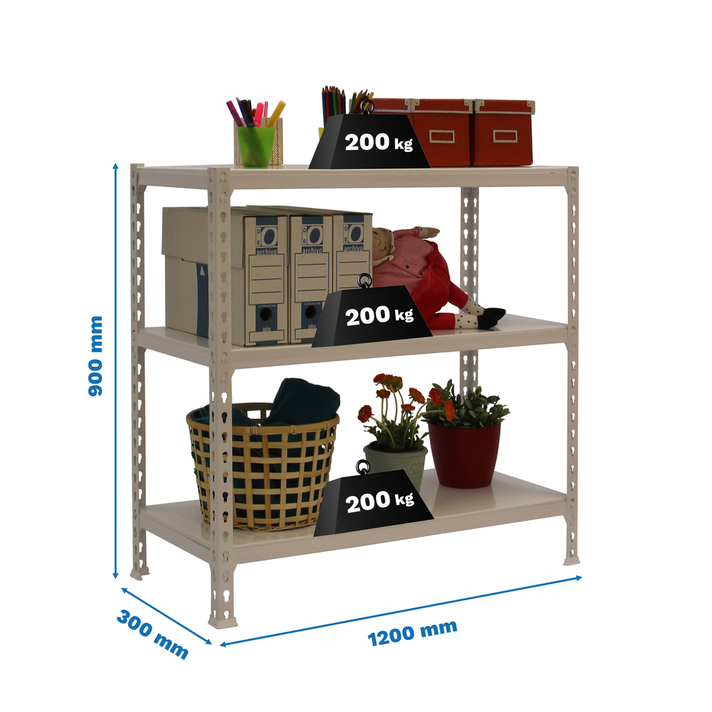 Rayonnage métallique léger sans vis 900x1200x300 - 3 niveaux Gris - SIMON RACK - 8425437091537