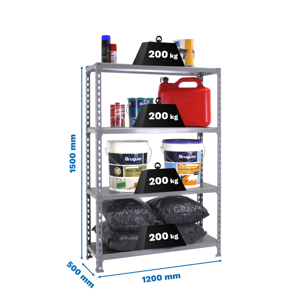 Rayonnage métallique léger sans vis 1500x1200x500 - 4 niveaux Gris - SIMON RACK - 8425437091582