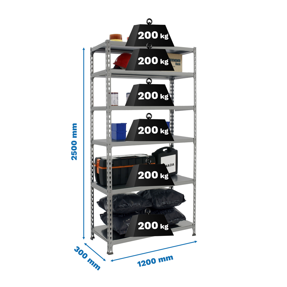 Rayonnage métallique léger sans vis 2500x1200x300 - 6 niveaux Gris - SIMON RACK - 8425437091599