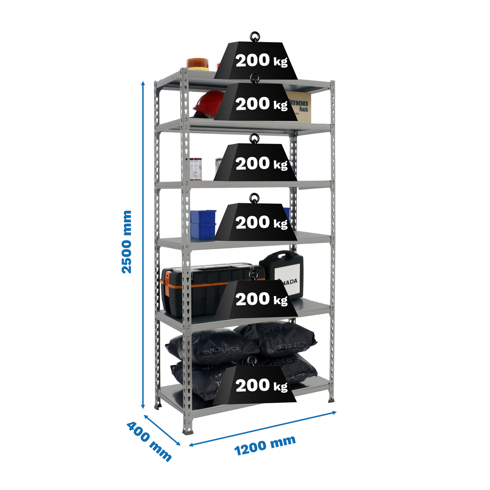 Rayonnage métallique léger sans vis 2500x1200x400 - 6 niveaux Gris - SIMON RACK - 8425437091605