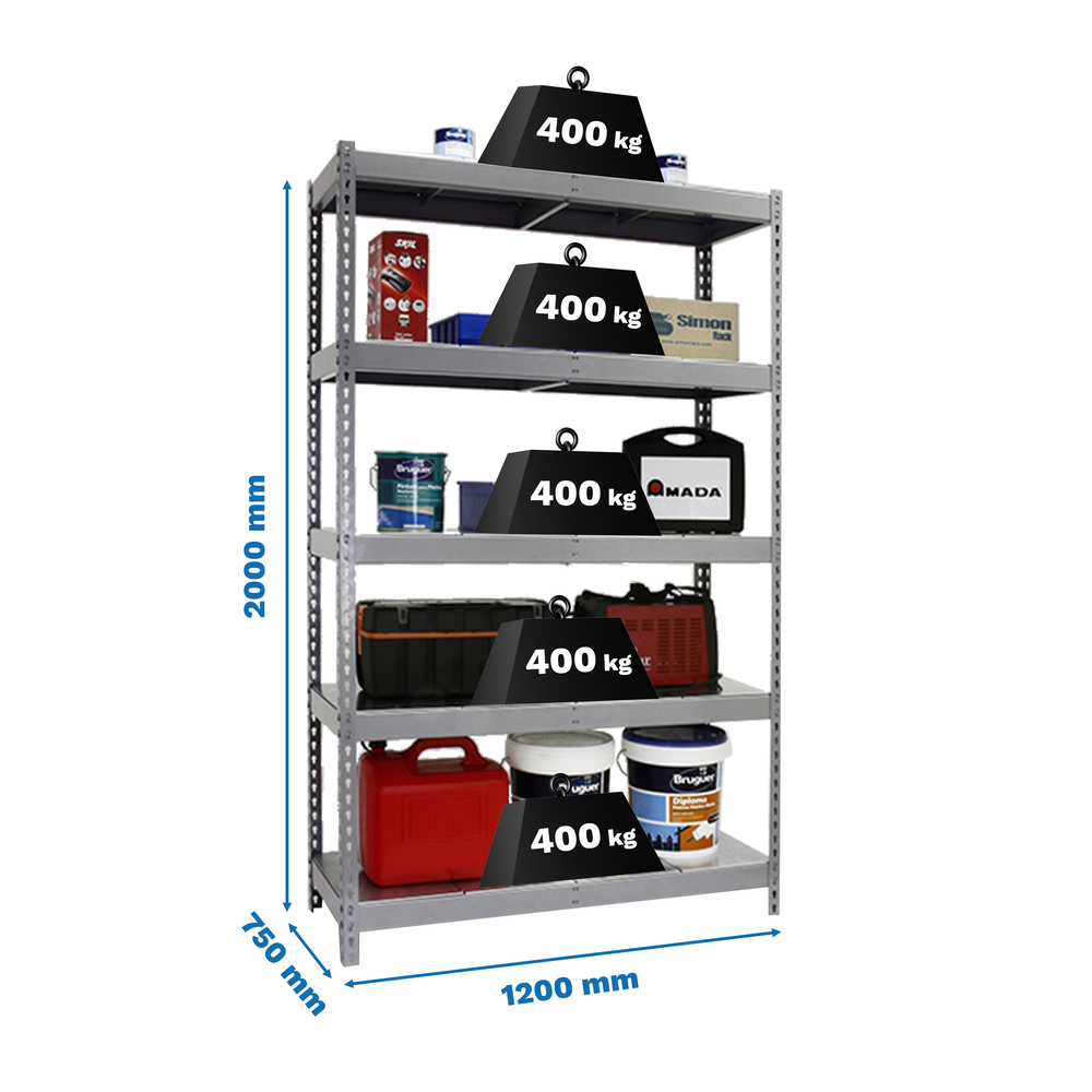 Étagère charge moyenne 400kg - 2000x1200x750 - 5 niveaux Gris - SIMON RACK - 8425437091933