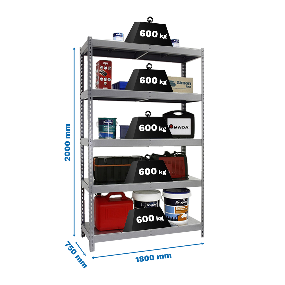 Étagère charge moyenne 500 à 600kg - 2000x1800x750 - 5 niveaux Gris - SIMON RACK - 8425437092626