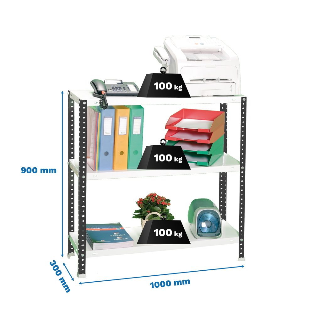 Rayonnage métallique léger à vis 900x1000x300 - 3 niveaux Anthracite/Blanc - SIMON RACK - 8425437096051