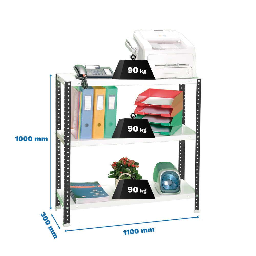 Rayonnage métallique léger à vis 1000x1100x300 - 3 niveaux Anthracite/Blanc - SIMON RACK - 8425437096198