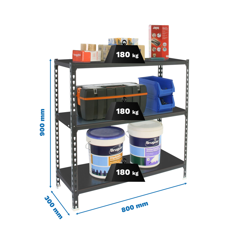 Rayonnage métallique léger sans vis 900x800x300 - 3 niveaux Anthracite - SIMON RACK - 8425437096785