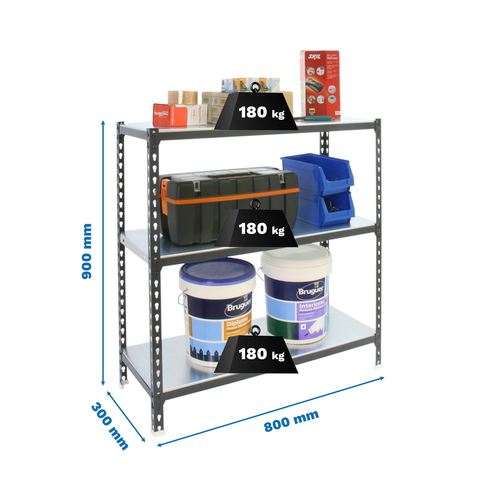 Rayonnage métallique léger sans vis 900x800x300 - 3 niveaux Anthracite - SIMON RACK - 8425437096792