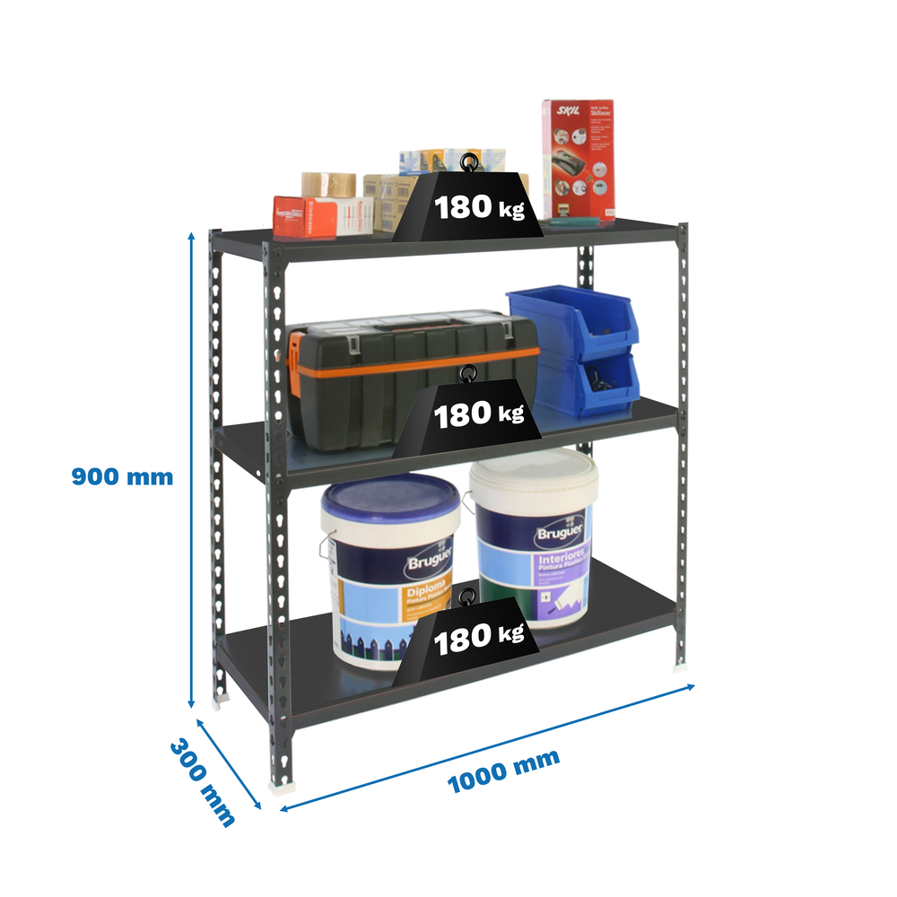 Rayonnage métallique léger sans vis 900x1000x300 - 3 niveaux Anthracite - SIMON RACK - 8425437097140
