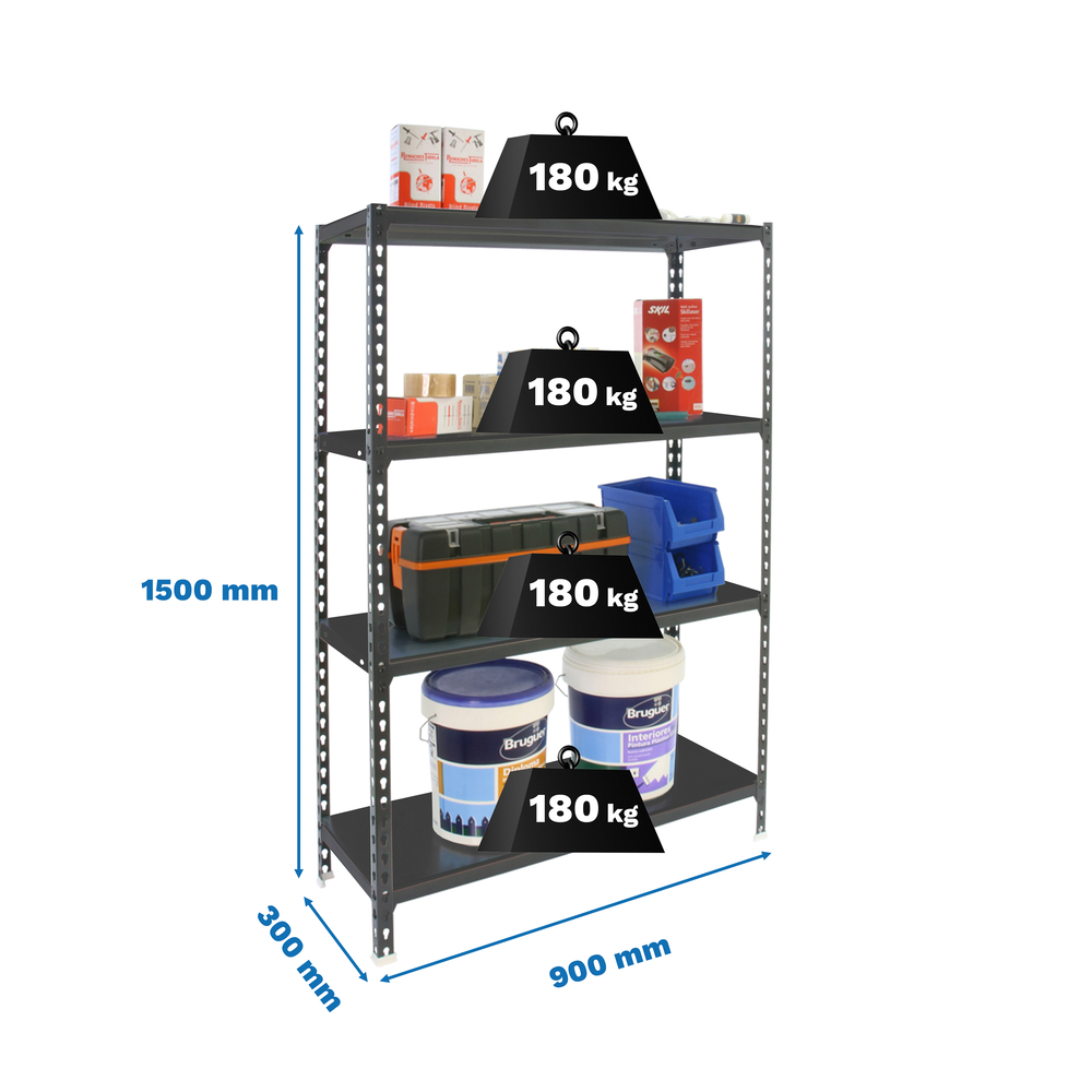 Rayonnage métallique léger sans vis 1500x900x300 - 4 niveaux Anthracite - SIMON RACK - 8425437097539