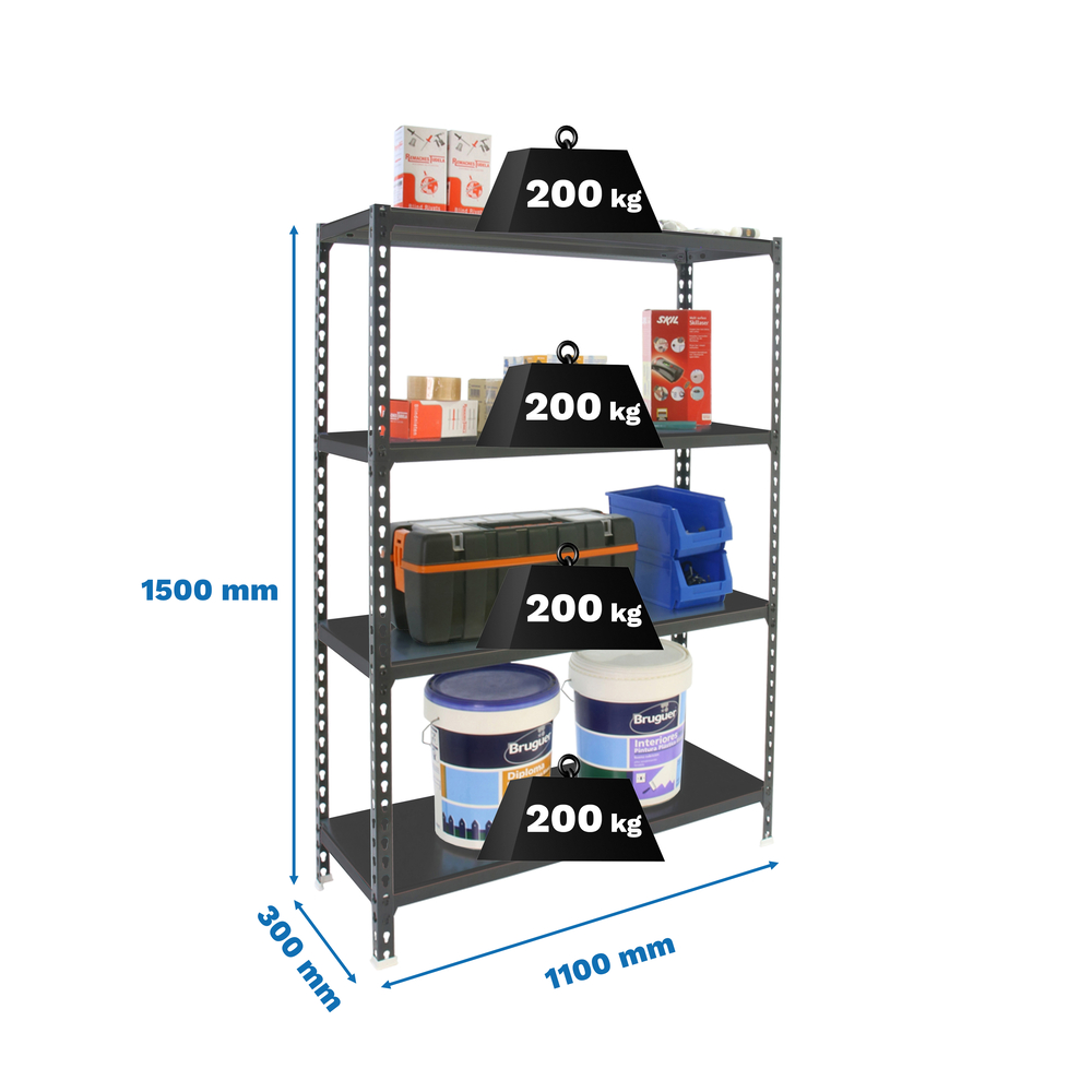 Rayonnage métallique léger sans vis 1500x1100x300 - 4 niveaux Anthracite - SIMON RACK - 8425437097591