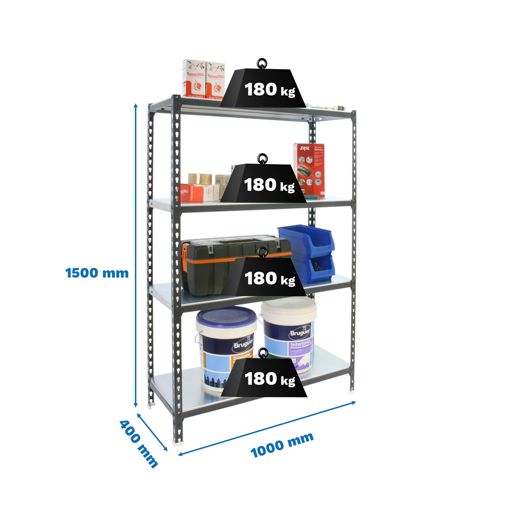 Rayonnage métallique léger sans vis 1500x1000x400 - 4 niveaux Anthracite - SIMON RACK - 8425437097690