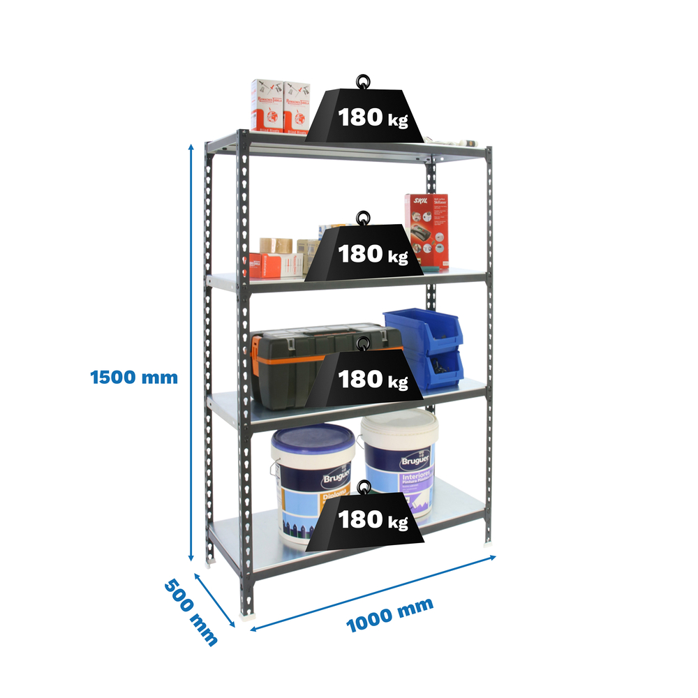 Rayonnage métallique léger sans vis 1500x1000x500 - 4 niveaux Anthracite/Blanc - SIMON RACK - 8425437097799